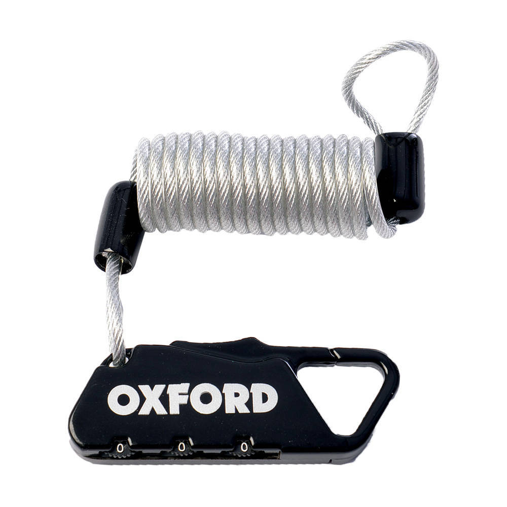 Black and silver OXFORD LK391 Cable Lock featuring a coiled steel cable and a sturdy plastic lock mechanism with a carabiner-style clip.
