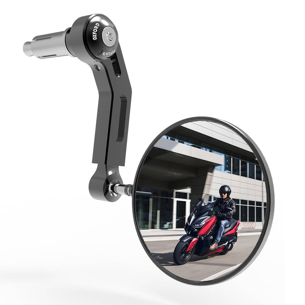 Black aluminum motorcycle mirror with a round reflective surface, featuring a sleek, adjustable arm and a rider on a red scooter visible in the reflection.