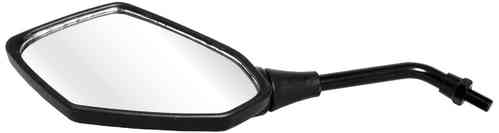 Left-facing Oxford Diamond Mirror features a sleek, angular design with a black plastic frame and a sturdy mounting arm, ideal for motorcycles.