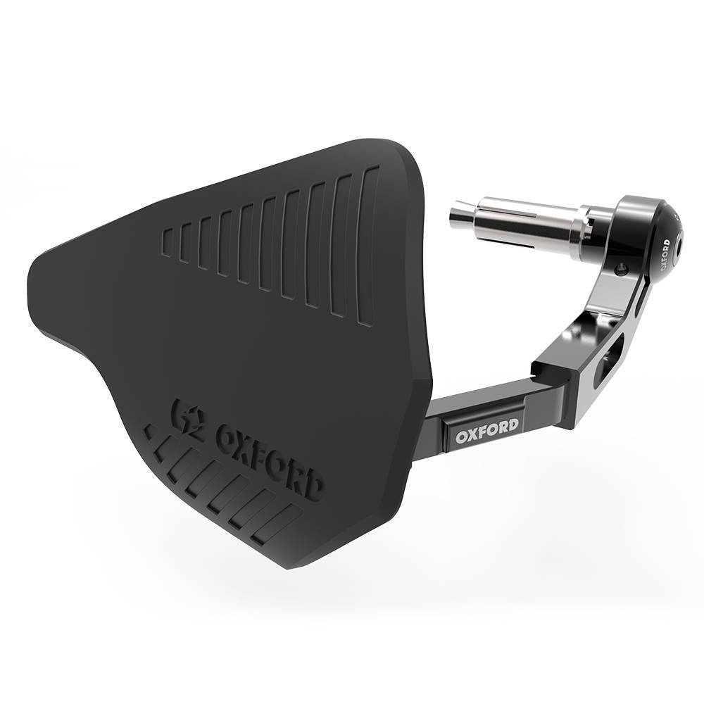 Black rubber bar end with a sleek design, featuring textured grip lines and a metal mounting bracket, labeled with "OXFORD" for enhanced grip and control on handlebars.