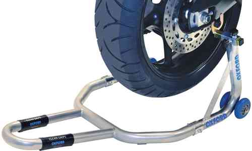 Oxford Premium Rear Paddock Stand features a sturdy silver metal frame, blue rubber wheels, and a curved design for easy motorcycle support, with a focus on durability and stability.