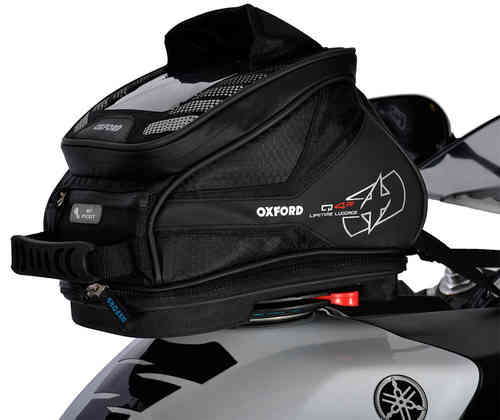 Black Oxford OL290 Tank Bag featuring a mesh top, adjustable straps, and a sleek design, ideal for motorcycle storage with a logo prominently displayed.