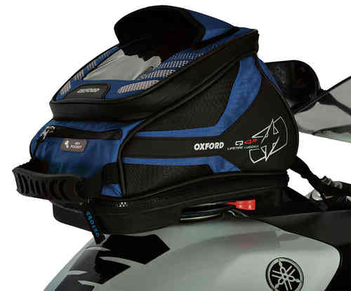 Blue Oxford Q4R Quick Release Motorcycle Tank Bag, 4L capacity, features a durable material, mesh top pocket, and a secure attachment system for easy removal.