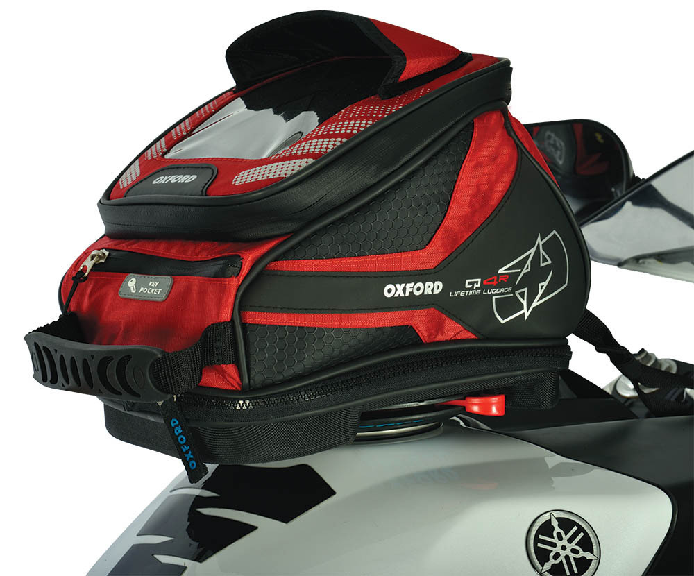 Red and black Oxford Q4R Quick Release Motorcycle Tank Bag, 4L capacity, featuring a transparent map pocket, textured material, and adjustable straps for secure attachment.