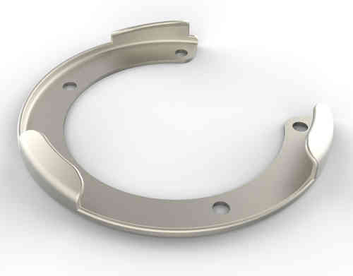Silver metal tank ring with a circular shape, featuring two curved notches and three mounting holes for secure attachment, designed for use with Oxford QR-System.