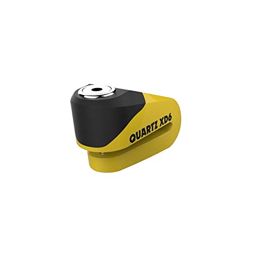 Yellow and black OXFORD LK209 disc lock with alarm features a robust design, a keyhole at the top, and a sleek, compact shape ideal for securing motorcycles.