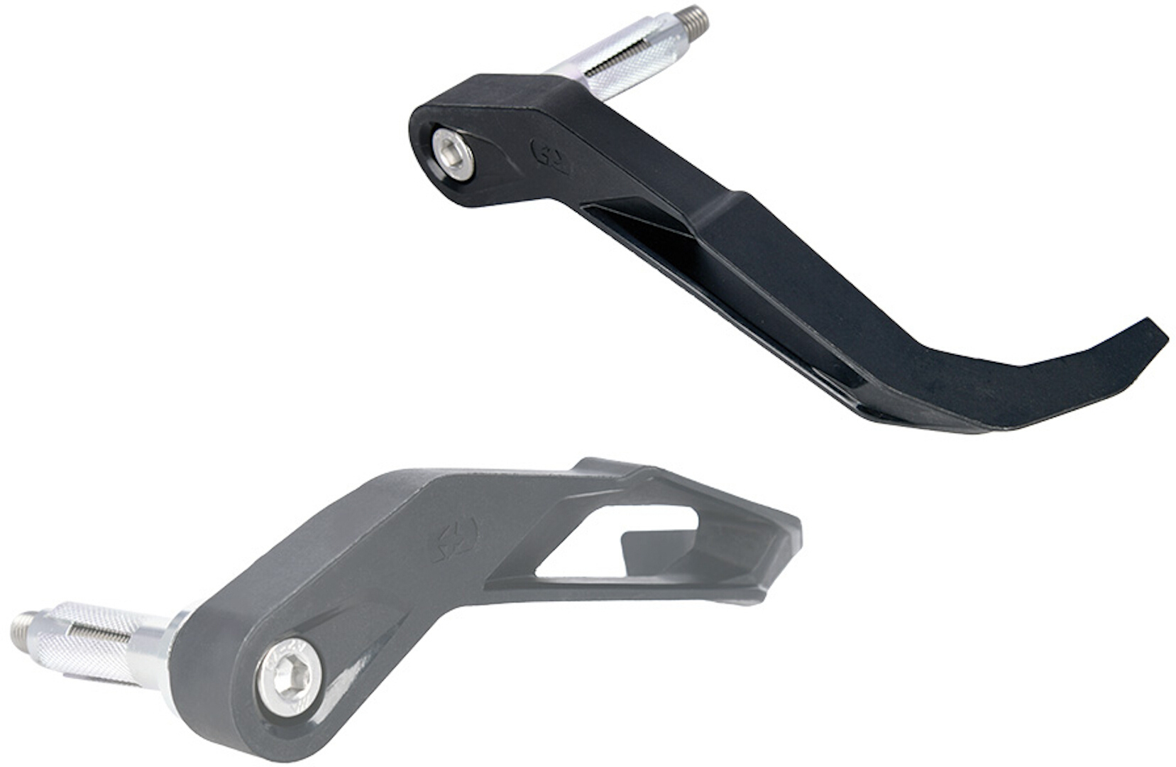 Black Oxford Racing lever guards with a sleek design, featuring a silver mounting bolt and a protective shape to enhance grip and control for motorcycle riders.