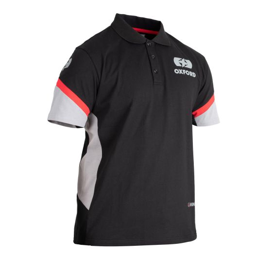 Black Oxford Racing Polo T-Shirt featuring a classic collar, three-button placket, and contrasting grey and red sleeves with the Oxford logo on the chest and sleeve.