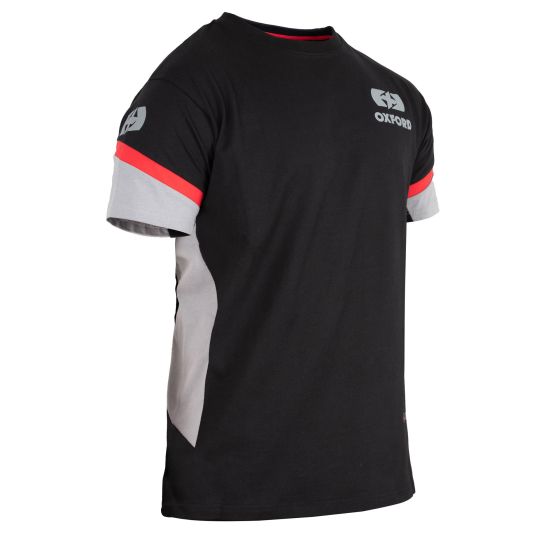 Black Oxford Racing T-Shirt featuring a crew neck, short sleeves with grey and red accents, and the Oxford logo on the chest and shoulder.