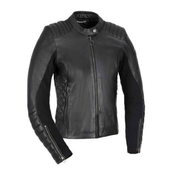 Black leather jacket featuring a fitted design, quilted shoulder detailing, zippered front, and stylish zippered cuffs.