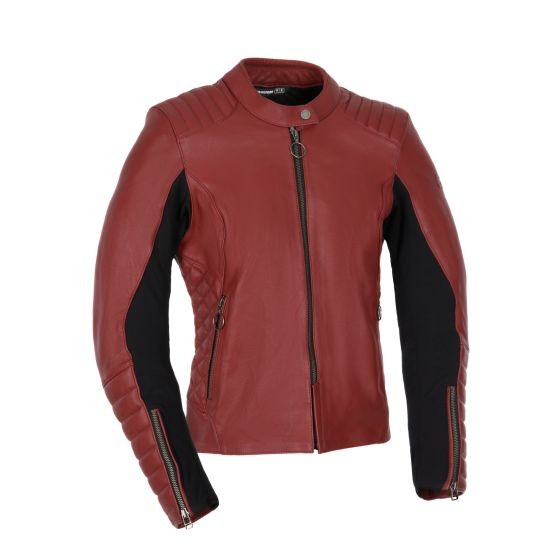 Red and black leather women's jacket by Oxford Radley, featuring a fitted design, ribbed shoulder detailing, and zippered pockets, in size 44.