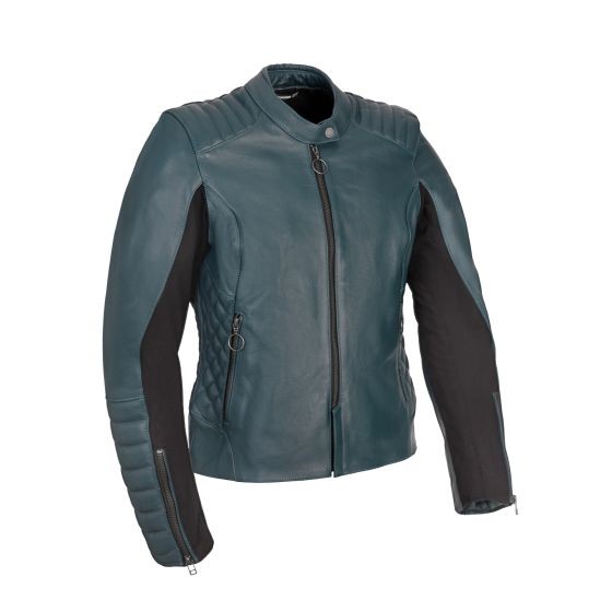 Teal leather jacket with quilted detailing, featuring a zip closure, black fabric sleeves, and a fitted silhouette, designed for ladies by Oxford Radley.