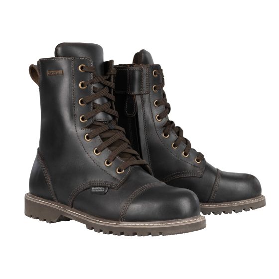 Dark brown leather motorcycle boots with lace-up front, padded collar, and rugged sole, featuring a side zipper for easy wear, size 38 (UK 5).