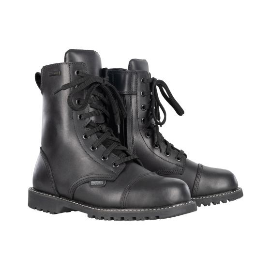 Black leather motorcycle boots with a lace-up front, padded collar, and rugged sole, featuring a sturdy design ideal for both style and durability.