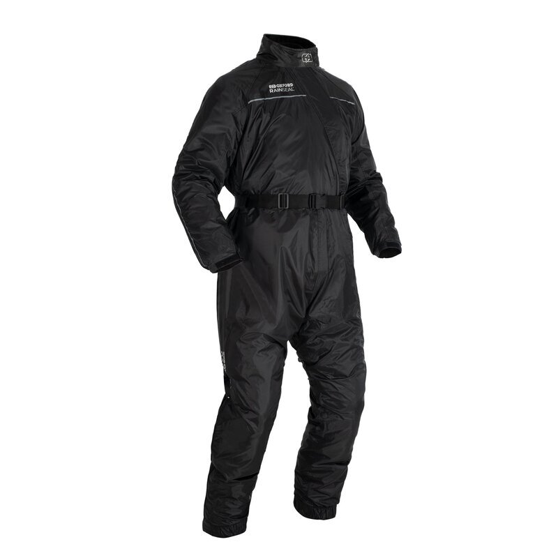 Black Oxford Rainseal rain suit in size 3XL, featuring a zippered front, adjustable waist belt, and reflective detailing for visibility in wet conditions.
