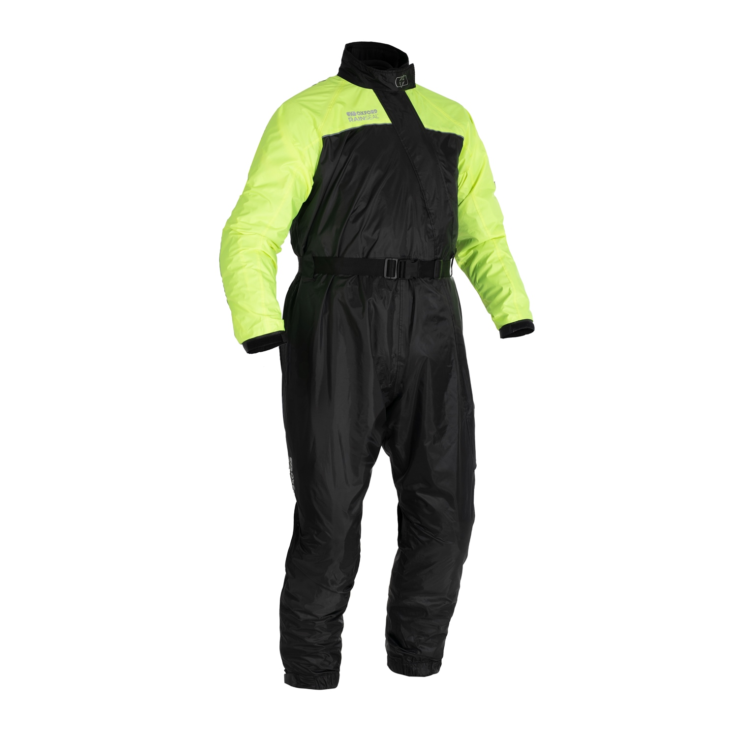 Black and neon-yellow Oxford Rainseal rain suit, made of waterproof material, featuring a zippered front, adjustable belt, and long sleeves, designed for visibility and protection in wet conditions.
