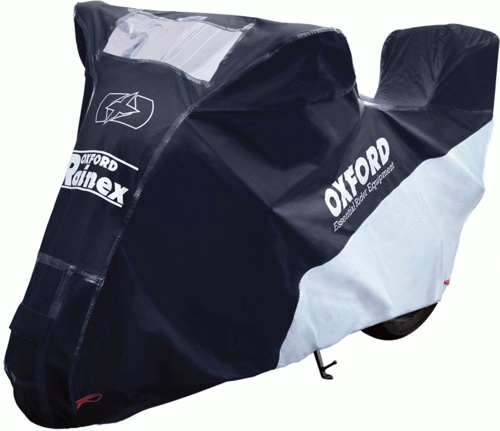 Black and white motorcycle cover featuring the "OXFORD" logo, made from durable material with a waterproof design and a clear panel for visibility.