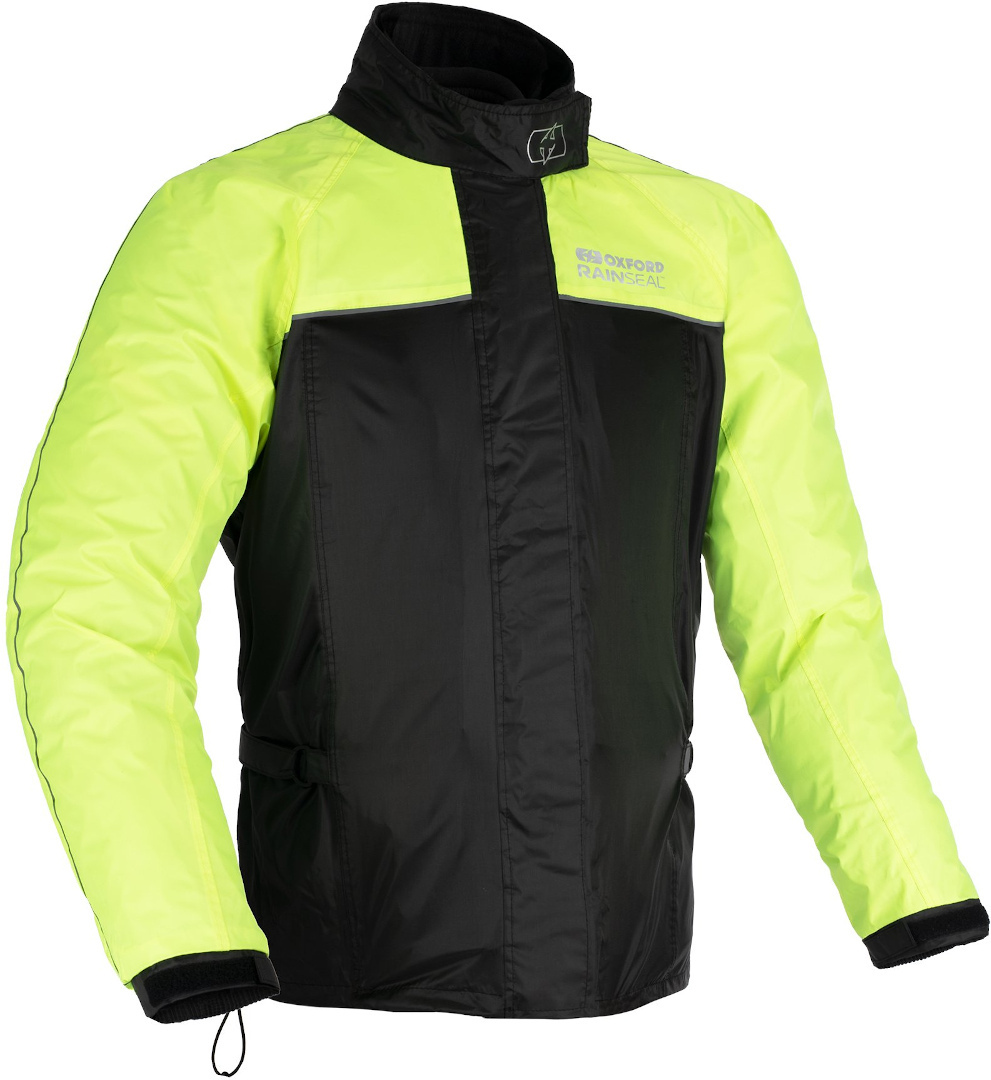 Black and neon-yellow Oxford Rainseal rain jacket in size L, featuring a zip closure, high collar, and reflective strips for visibility in wet conditions.