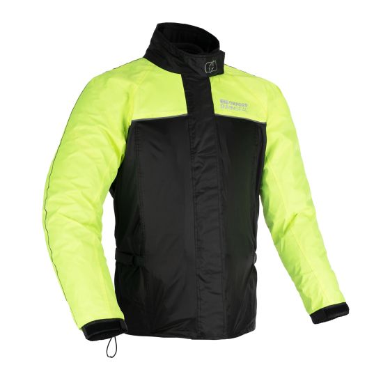 Black and neon-yellow Oxford Rainseal rain jacket in size 5XL, featuring a high collar, zippered front, and reflective detailing for visibility in wet conditions.