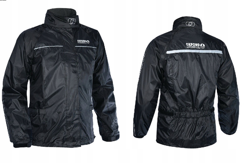Black Oxford Rainseal rain jacket in size 3XL, featuring a zip front, adjustable cuffs, reflective stripes, and a drawstring waist for a secure fit.