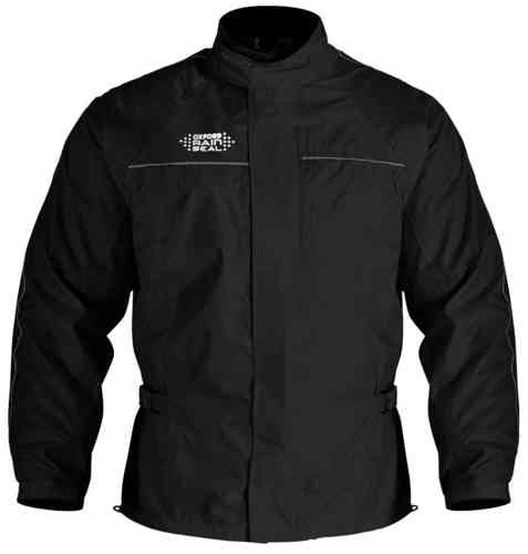 Black Oxford Rainseal motorcycle over jacket in XXXX-Large, featuring a high collar, zippered front, reflective detailing, and adjustable waist for a secure fit.