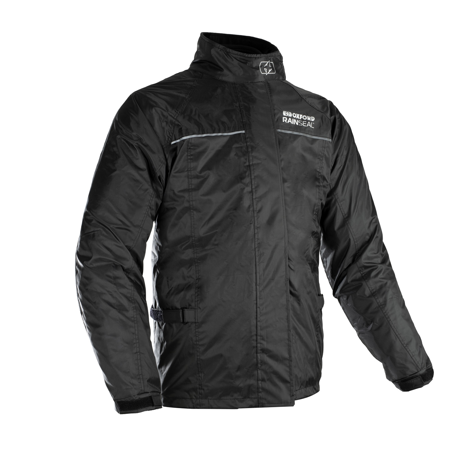 Black Oxford Rainseal rain jacket in size 5XL, featuring a sleek design, zippered front, reflective detailing, and adjustable cuffs for enhanced weather protection.