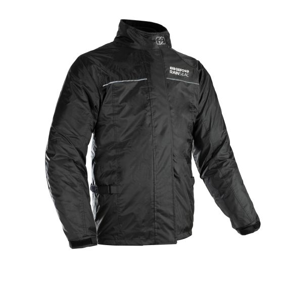 Black Oxford Rainseal rain jacket in size 6XL, featuring a sleek design, reflective detailing, and a high collar for added protection against rain.
