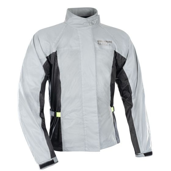 Light grey and black Oxford Rainseal Bright rain jacket, size L, featuring a high collar, zip closure, and reflective detailing for visibility in wet conditions.