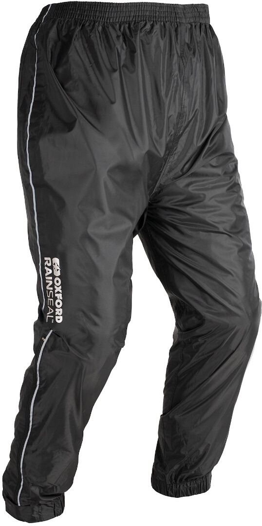 Black Oxford Rainseal rain pants in size 6XL, featuring an elastic waistband and reflective detailing for visibility in wet conditions.