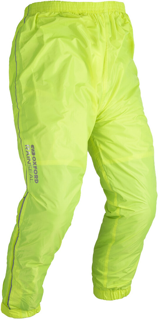 Neon-yellow Oxford Rainseal rain pants in size XL, made from lightweight, waterproof material, featuring an elastic waistband and reflective detailing for visibility.