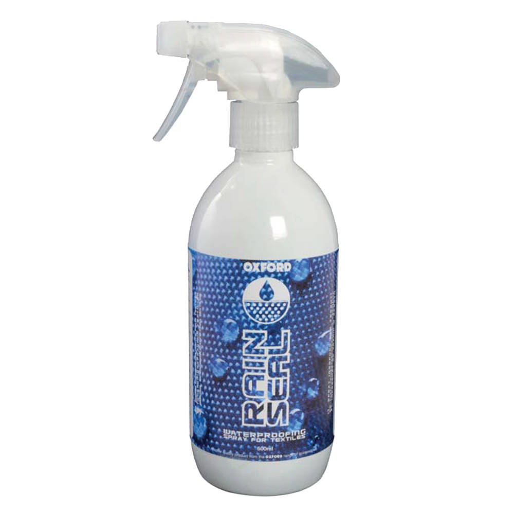 Clear spray bottle with a white trigger top, featuring a blue label with "Oxford Rain Seal" and waterproofing details, containing 500 ml of textile waterproofing solution.