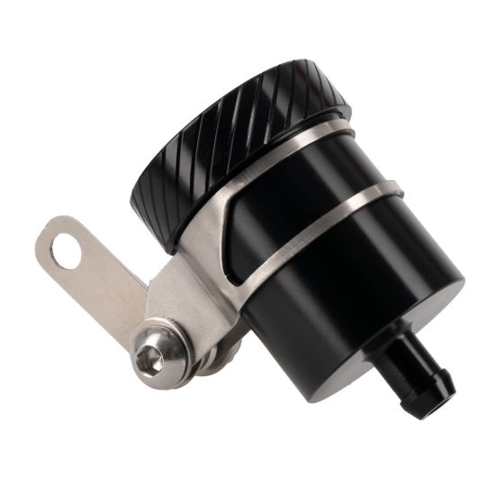 Black anodized aluminum rear brake fluid reservoir with a textured, knurled cap and a stainless steel mounting bracket, featuring a single outlet for fluid.
