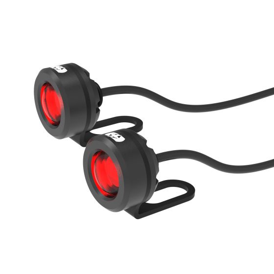 Two round, black OXFORD EL382 marker lights with red lenses and flexible wiring, designed for easy installation on vehicles.