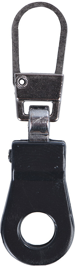 Black metal zipper puller with a looped top and a circular hole at the bottom, designed for easy attachment, part of a set of four replacement pullers.