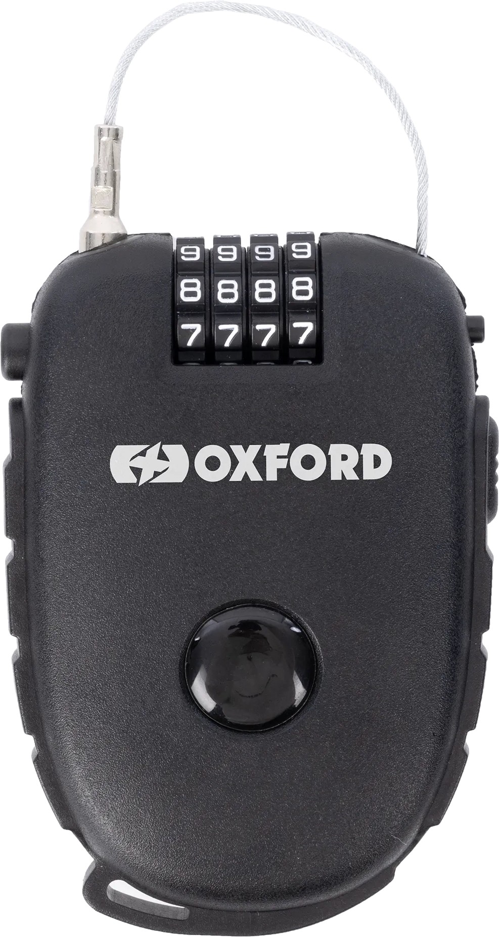 Black Oxford Retra cable lock by Kriega, featuring a combination dial with four numeric wheels, a sturdy casing, and a 120 cm steel cable for secure locking.