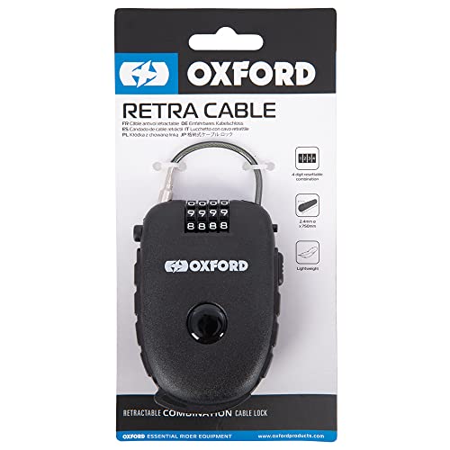 Black OXFORD LK100 Cable Lock with a retractable design, featuring a 4-digit combination dial and a sturdy, flexible cable for securing items.