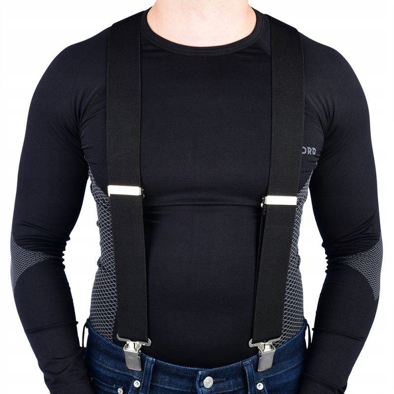Black Oxford Riggers suspenders in a one-size fit, featuring sturdy clips and adjustable straps, worn over a fitted black long-sleeve shirt.