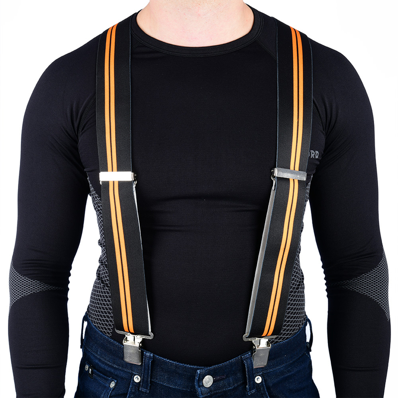 Black and orange Oxford Riggers Cruiser suspenders with adjustable clips, featuring a sleek design and sturdy material, suitable for one size.