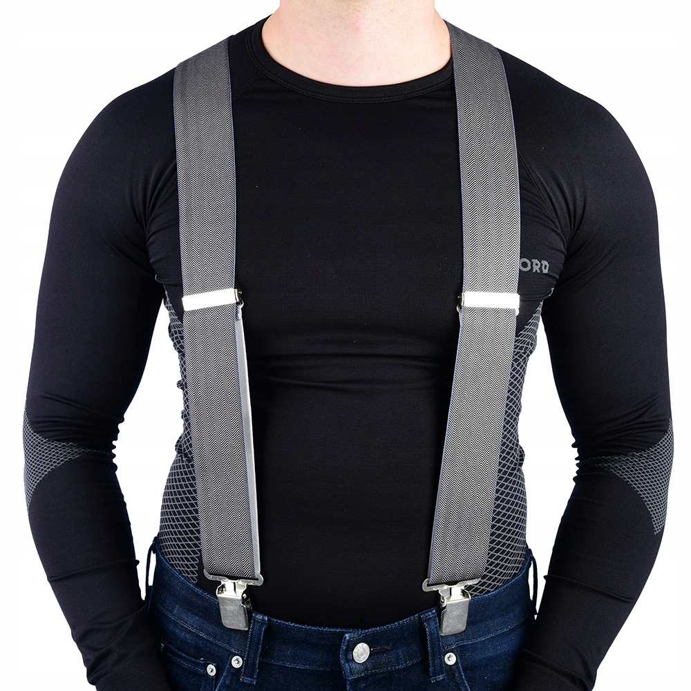 Grey and black herringbone suspenders from Oxford, featuring adjustable straps and metal clips, worn over a black long-sleeve shirt.