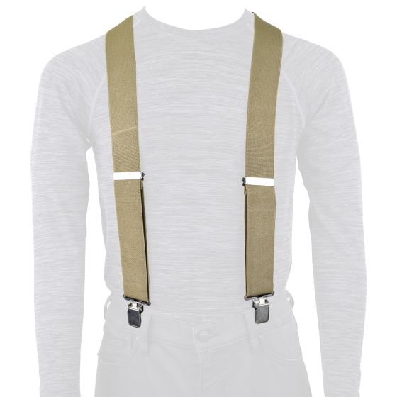 Khaki and cream Oxford Riggers suspenders featuring adjustable straps and metal clips for secure attachment, designed for comfort and style.