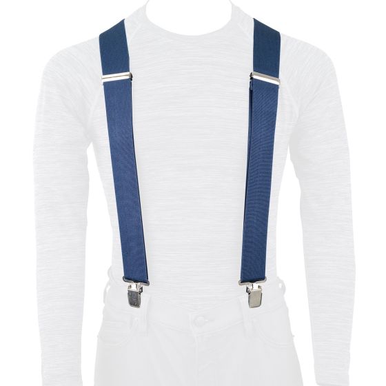 Navy blue Oxford Riggers suspenders made from durable material, featuring silver metal clips for secure attachment and a classic, adjustable design.