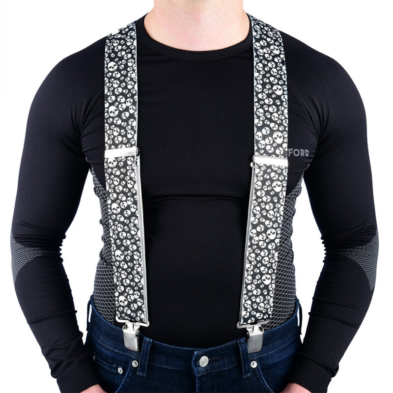 Black and white skull-patterned motorcycle suspenders with metal clips, designed by Oxford, worn over a fitted black long-sleeve shirt.