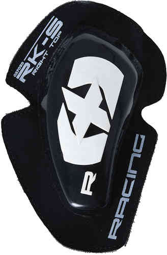 Black and white Oxford RK-S knee sliders featuring a star logo, made from durable material with a sleek design for motorcycle racing.