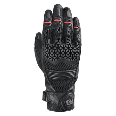 Black motorcycle gloves featuring a honeycomb pattern on the palm, red accents, and a secure wrist strap for enhanced grip and protection.
