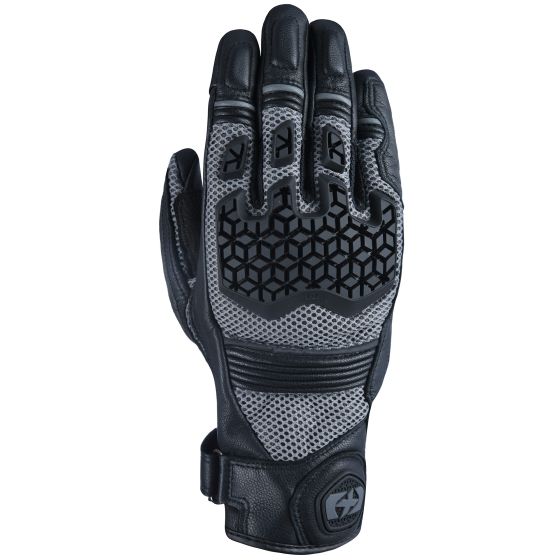 Charcoal black motorcycle gloves featuring a textured honeycomb pattern on the knuckles, made from leather and mesh for breathability, with adjustable wrist strap.