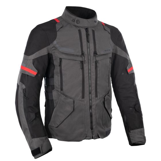 Textile jacket in dark grey, black, and red, featuring multiple zippered pockets, a high collar, and adjustable straps, designed for waterproof protection, size XXL.