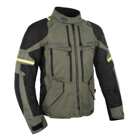 Waterproof textile jacket in olive green with black and neon yellow accents, featuring multiple zippered pockets and reflective strips, designed for size XXL.