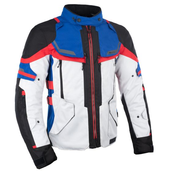 Oxford Rockland Motorcycle Jacket in Arctic Black and Red features a durable design with blue accents, multiple zippered pockets, and a high collar for added protection.