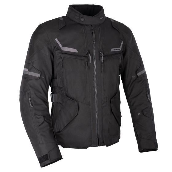 Black Oxford Rockland motorcycle trousers in 3XL, made from durable material, featuring reflective accents, multiple pockets, and adjustable straps for a secure fit.