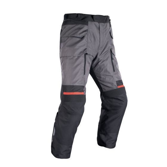 Waterproof textile pants in grey, black, and red, featuring multiple pockets, reinforced knee panels, and a comfortable fit, size XL by Oxford.